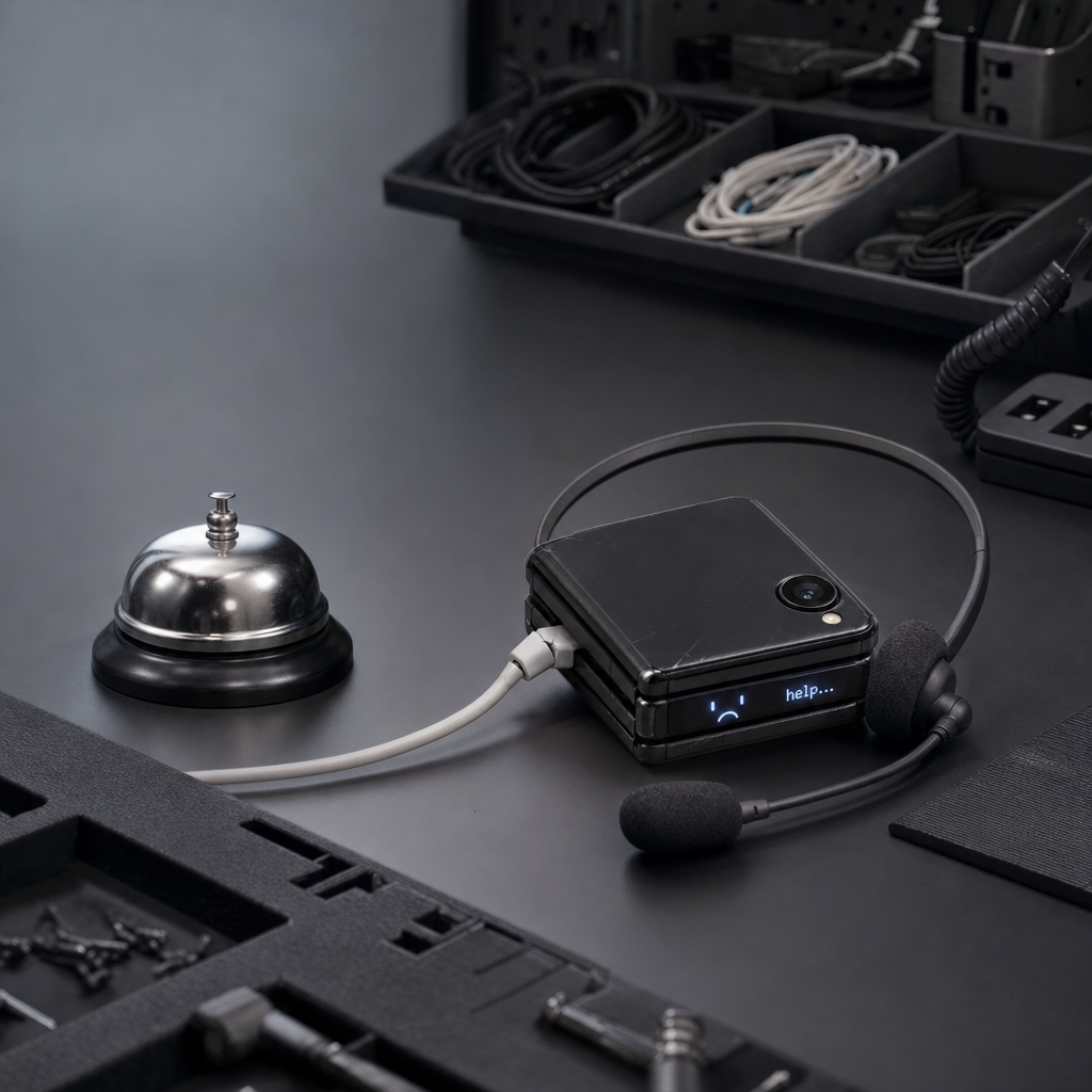 Folded on a workbench beside a service bell, a headset draped over it